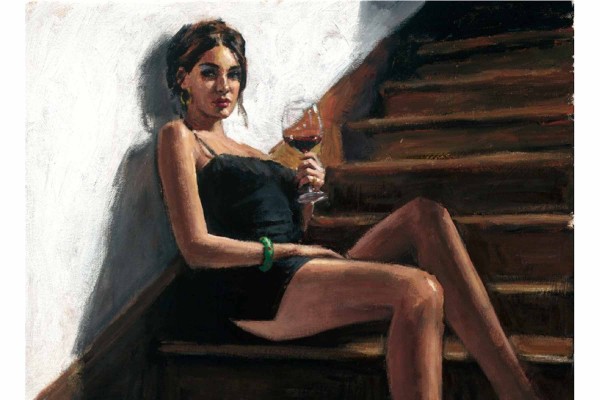 Fabian Perez Girl with Red at Stairs